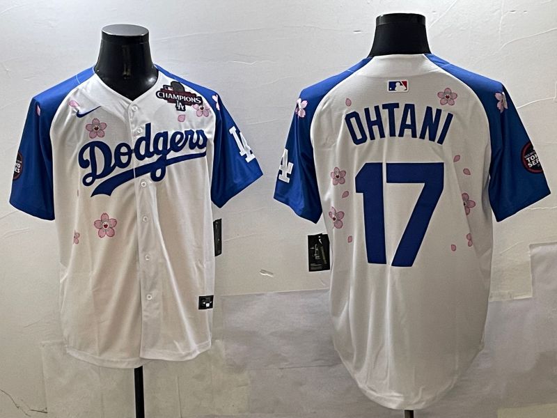 Men Los Angeles Dodgers 17 Ohtani White Blue Sakura Edition 2025 Nike MLB Jersey style 3